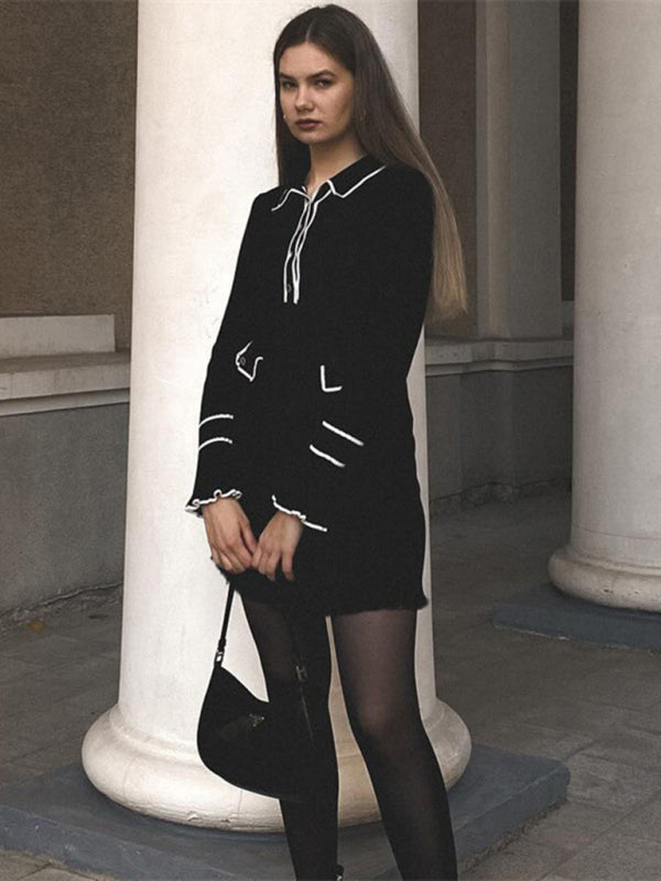 short French pitted skinny lapel dress BLUE ZONE PLANET