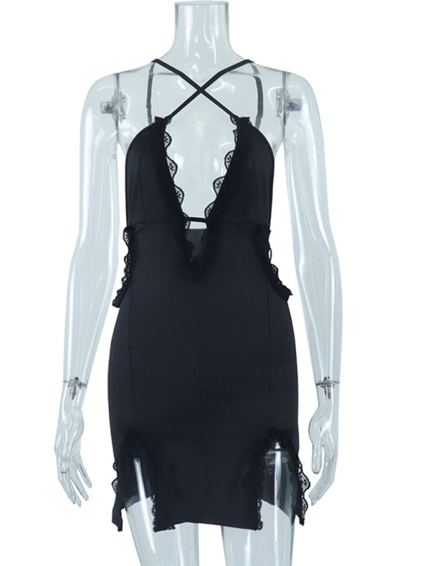 Blue Zone Planet | sling hollow street trendy lace splicing slit hip dress kakaclo