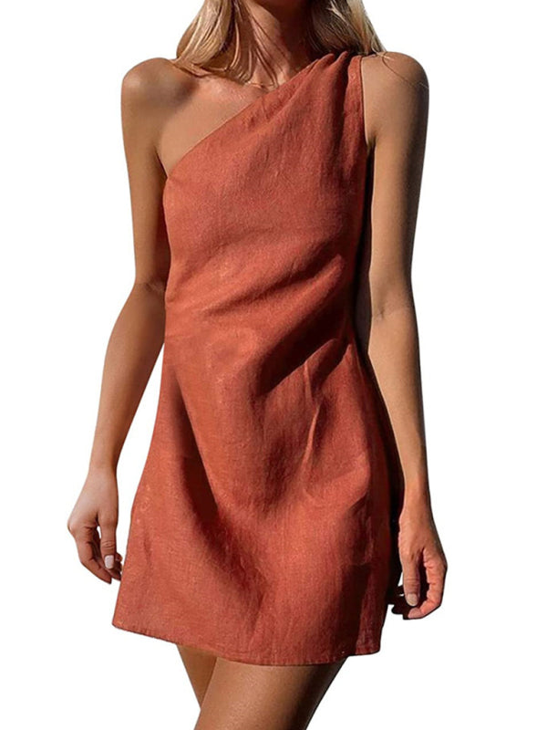 Blue Zone Planet | casual solid color slant shoulder dress kakaclo