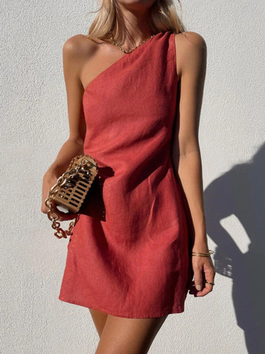 Blue Zone Planet | casual solid color slant shoulder dress kakaclo