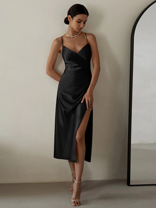 Blue Zone Planet | V-neck pleated waist spaghetti strap slit midi dress kakaclo