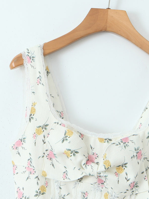 Blue Zone Planet | Bow Design Printed Lace Slip Dress kakaclo