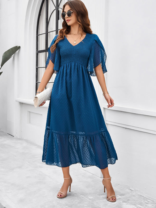 Blue Zone Planet |  elegant solid color V-neck dress BLUE ZONE PLANET