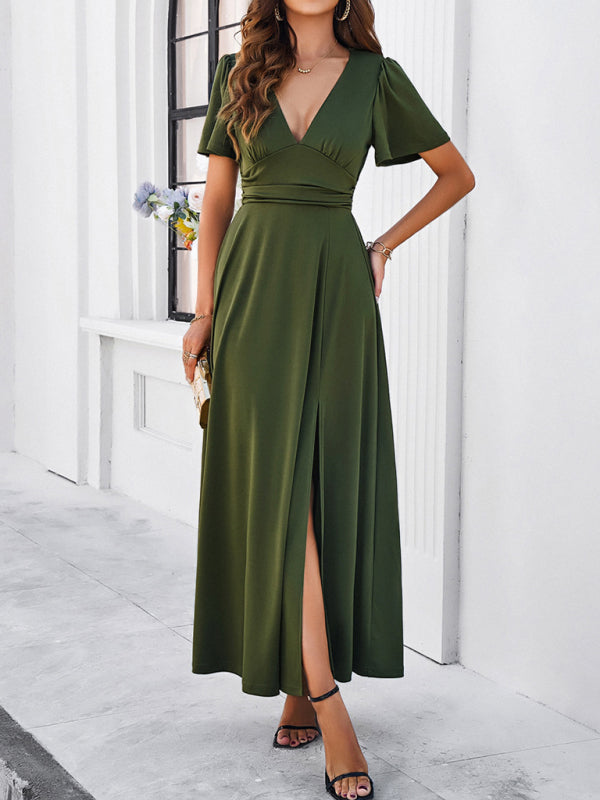 Blue Zone Planet |  solid color V-neck waist dress BLUE ZONE PLANET