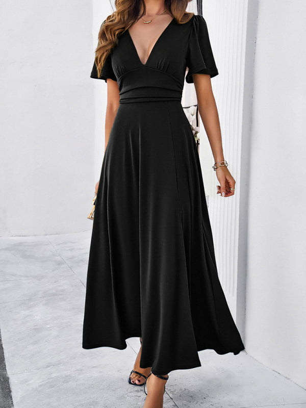 Blue Zone Planet |  solid color V-neck waist dress BLUE ZONE PLANET