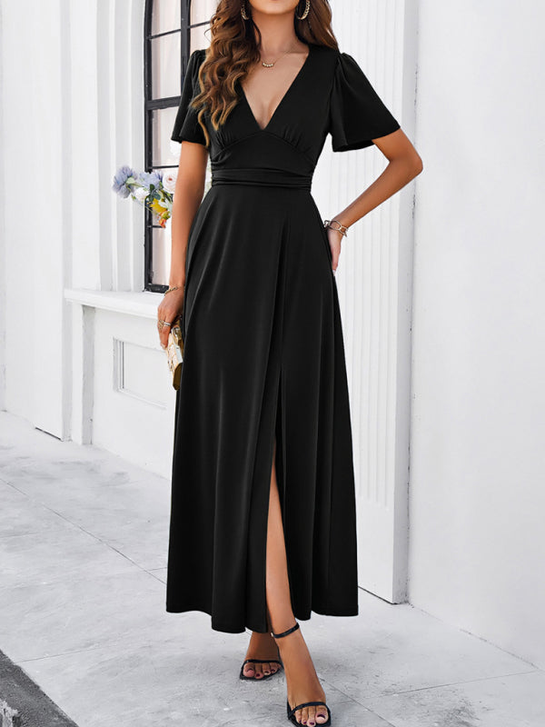 Blue Zone Planet |  solid color V-neck waist dress BLUE ZONE PLANET