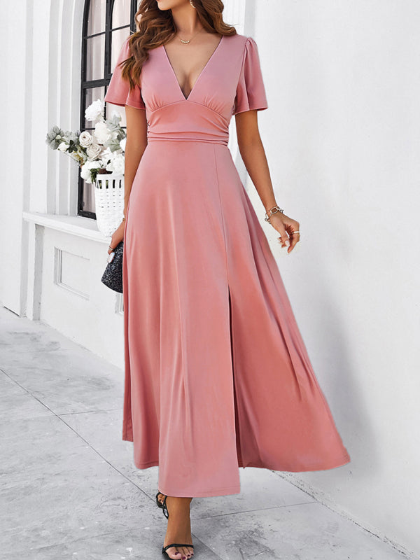 Blue Zone Planet |  solid color V-neck waist dress BLUE ZONE PLANET