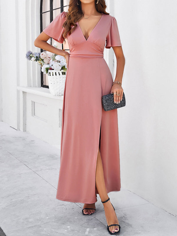 Blue Zone Planet |  solid color V-neck waist dress BLUE ZONE PLANET