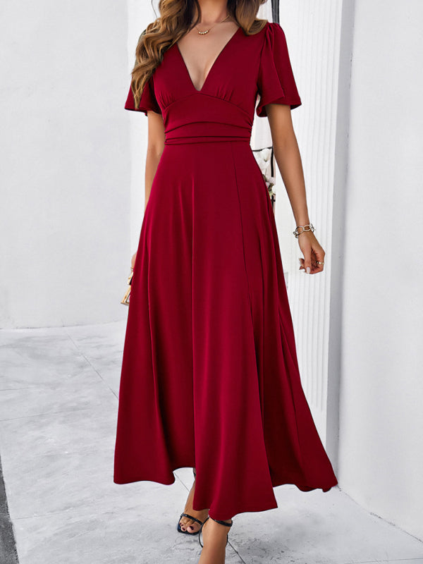 Blue Zone Planet |  solid color V-neck waist dress BLUE ZONE PLANET