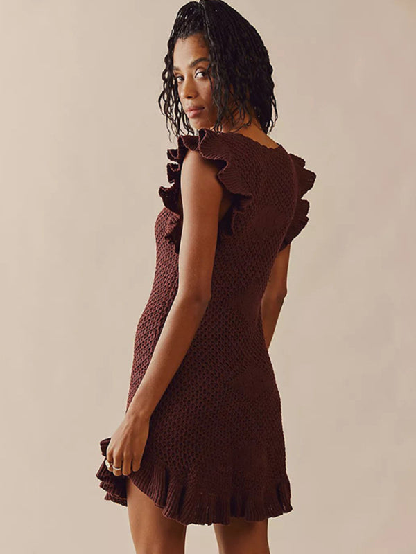 Blue Zone Planet |  Solid color slimming ear-sleeved mid-waist ruffle dress BLUE ZONE PLANET