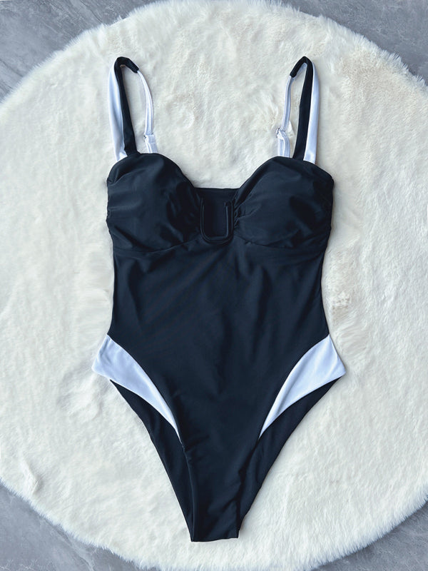 Blue Zone Planet |  bikini deep V stitching contrast color one-piece swimsuit BLUE ZONE PLANET