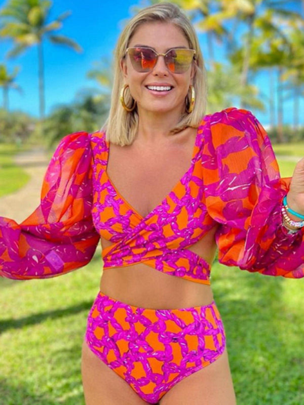 Blue Zone Planet |  Printed Vacation Long Sleeve Bikini Set BLUE ZONE PLANET