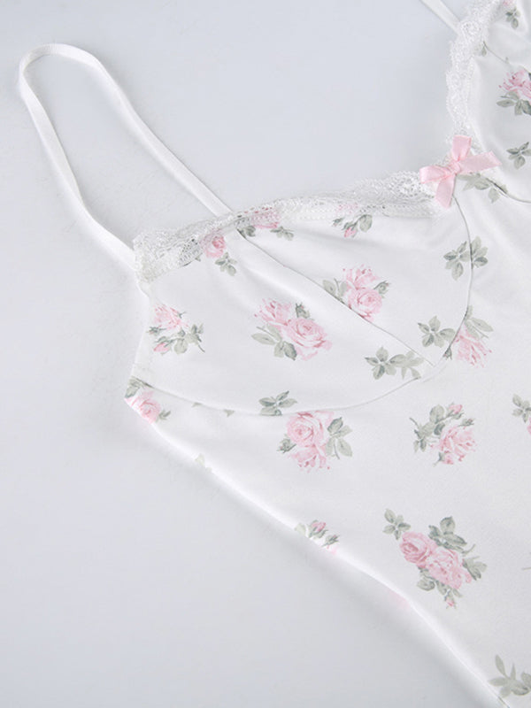 Blue Zone Planet |  floral contrasting lace stitching low-cut spaghetti strap-covering skirt BLUE ZONE PLANET