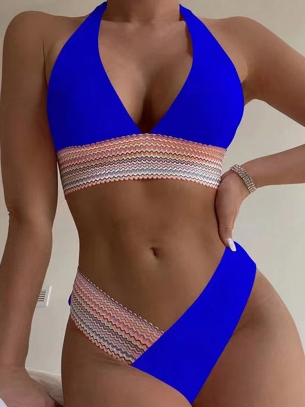 Blue Zone Planet |  High Waist Swimsuit Color Block Web Push Up Bikini BLUE ZONE PLANET