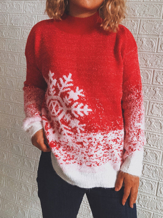 Blue Zone Planet |  Women's Half Turtleneck Long Sleeve Snowflake Colorblock Knit Christmas Sweater Sweater kakaclo