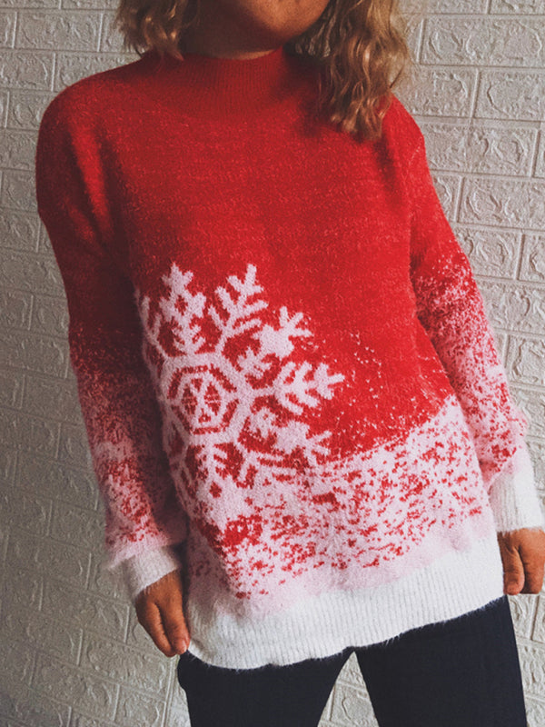 Blue Zone Planet |  Women's Half Turtleneck Long Sleeve Snowflake Colorblock Knit Christmas Sweater Sweater kakaclo