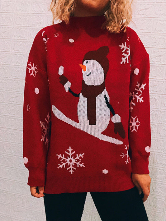 Women's New Year Snowman Snowflake Half Turtleneck Long Sleeve Sweater Christmas Sweater BLUE ZONE PLANET