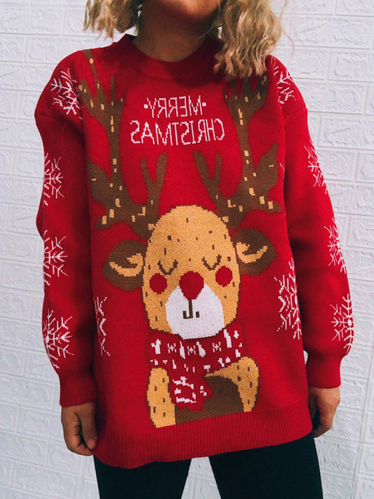 Women's Christmas Themed Sweater Snowflake Elk Crew Neck Long Sleeve Knit Pullover BLUE ZONE PLANET