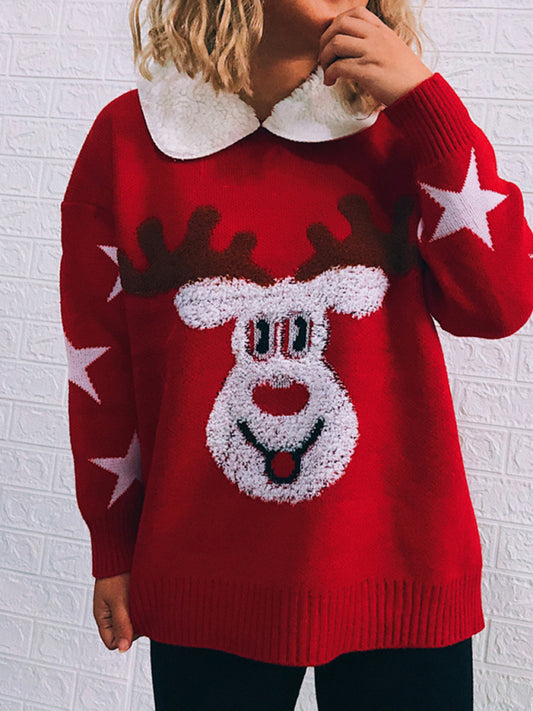 Women's Lapel Thick Long Sleeve Fawn New Year Christmas Theme Sweater Pullover BLUE ZONE PLANET