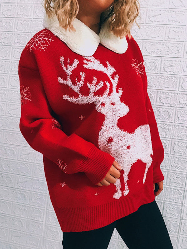Blue Zone Planet |  Women's Patchwork Lapel Long Sleeve Christmas Themed Sweater New Year Knit Sweater kakaclo