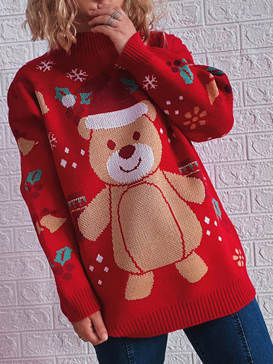 Women's Christmas Sweater Half Turtleneck Long Sleeve Snowflake Bear Pattern Sweater BLUE ZONE PLANET
