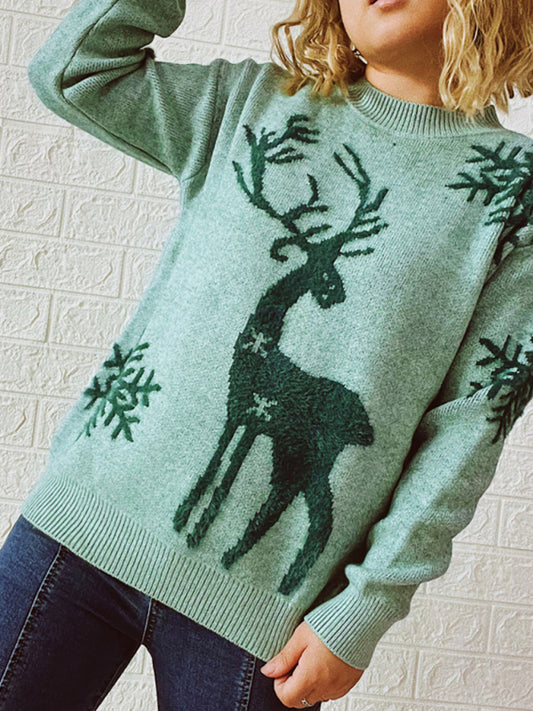Women's Round Neck Long Sleeve Christmas Sweater New Year Snowflake Fawn Jacquard Knit Sweater BLUE ZONE PLANET