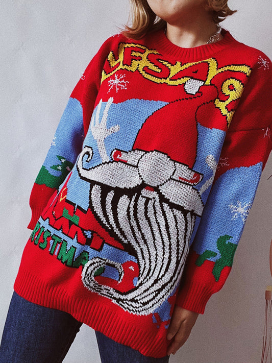 Women's Red New Year Christmas Sweater Santa Claus Pattern Crew Neck Thick Knit Sweater BLUE ZONE PLANET