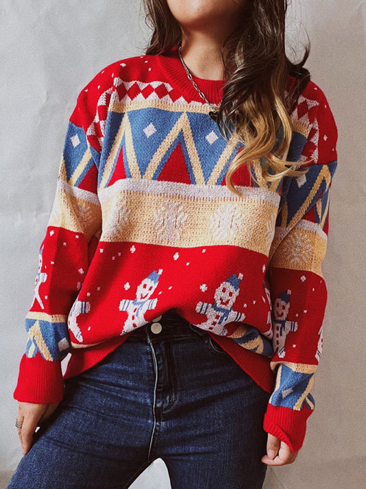 Women's Casual Christmas Sweater New Year Themed Round Neck Long Sleeve Pullover BLUE ZONE PLANET