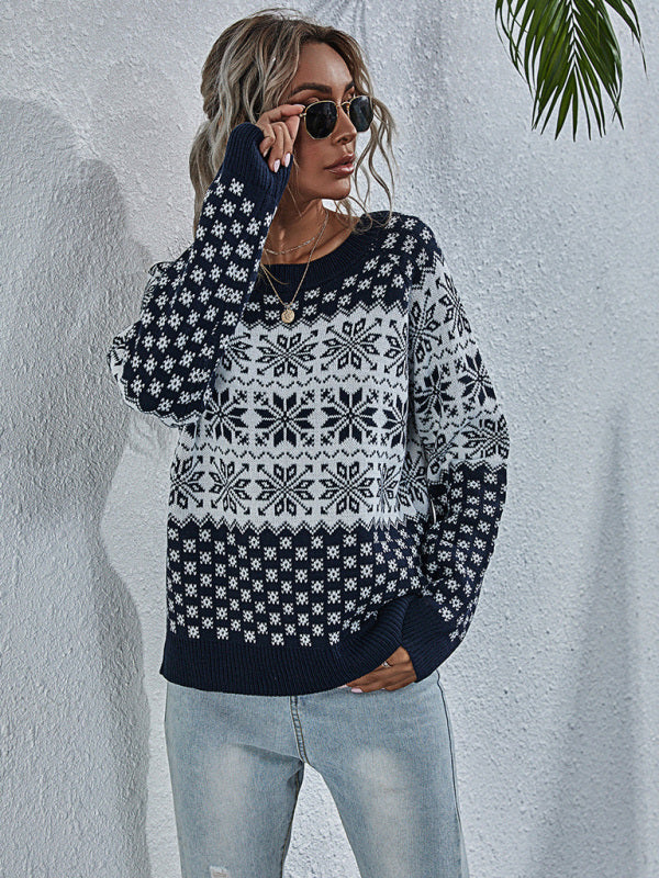 Blue Zone Planet |  Women's Snowflake Knit Loose Long Sleeve Pullover Crew Neck Christmas Sweater kakaclo