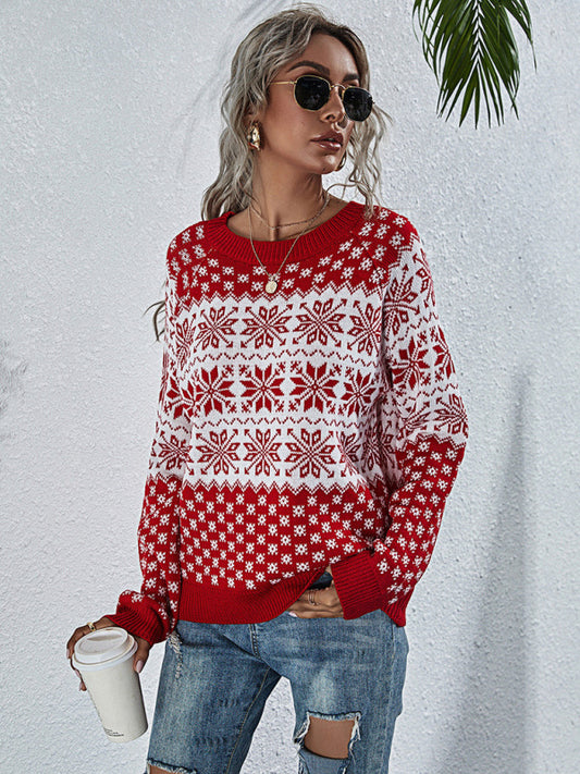 Blue Zone Planet |  Women's Snowflake Knit Loose Long Sleeve Pullover Crew Neck Christmas Sweater kakaclo