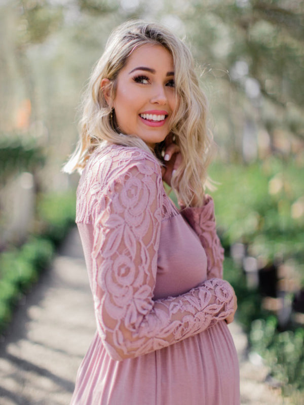 Blue Zone Planet |  Solid color maternity lace hollow long-sleeve maxi dress BLUE ZONE PLANET