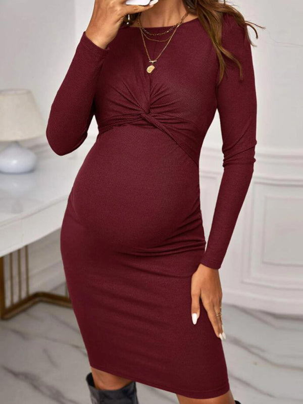 Blue Zone Planet | round neck long sleeve knitted maternity dress tight solid color short maternity clothes kakaclo