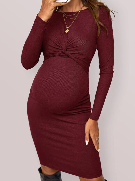 Blue Zone Planet | round neck long sleeve knitted maternity dress tight solid color short maternity clothes kakaclo