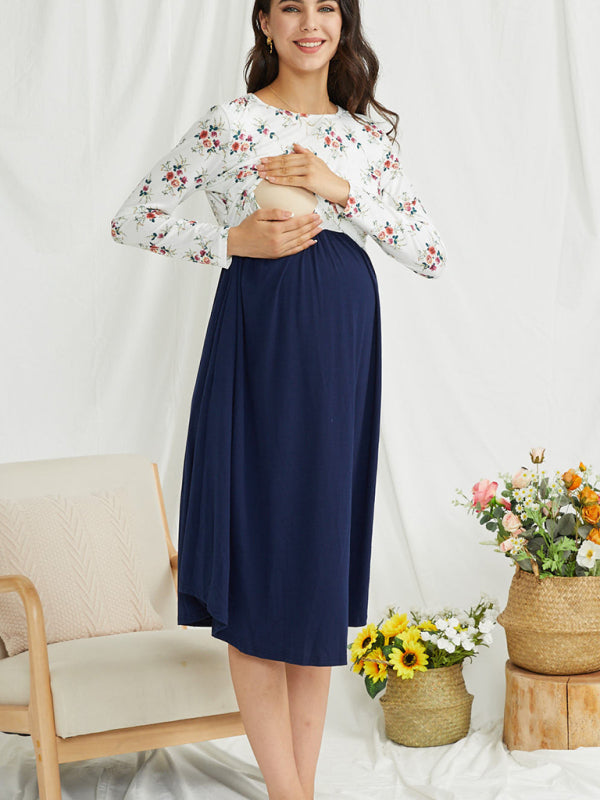 Maternity clothes-Knit Print Color Contrast Mid-Length Nursing Dress BLUE ZONE PLANET
