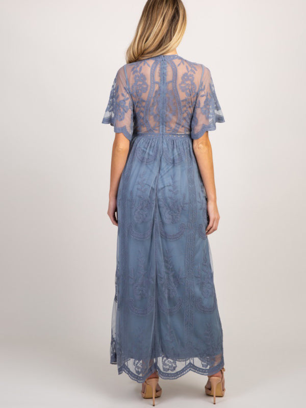 Blue Zone Planet |  Maternity clothes-Woven short-sleeved V-neck lace long dress BLUE ZONE PLANET