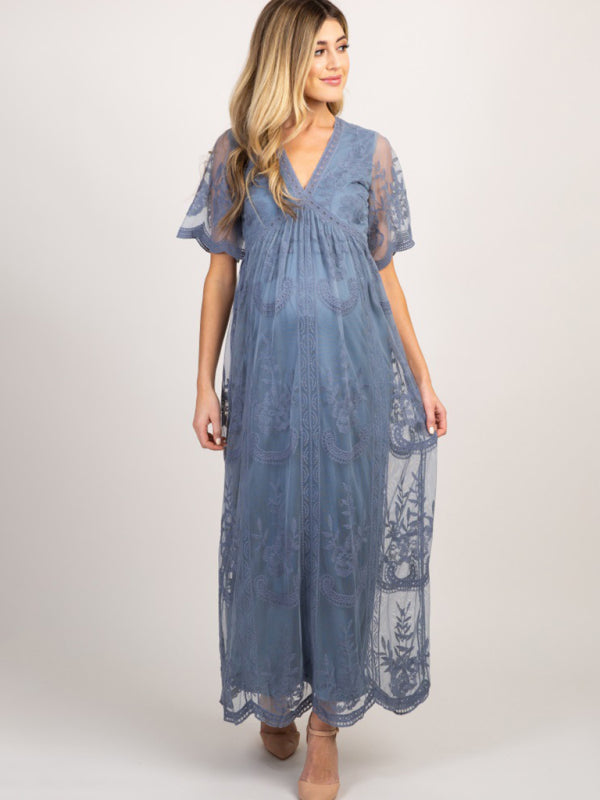 Blue Zone Planet |  Maternity clothes-Woven short-sleeved V-neck lace long dress BLUE ZONE PLANET
