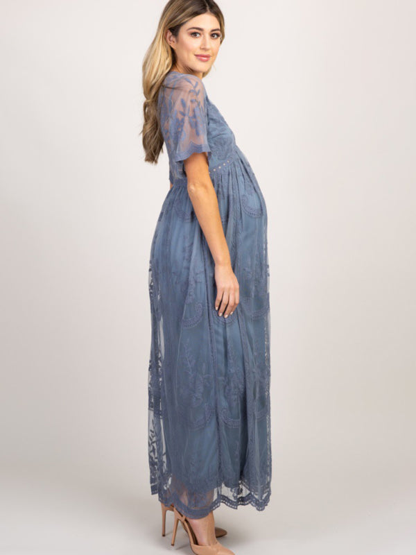 Blue Zone Planet |  Maternity clothes-Woven short-sleeved V-neck lace long dress BLUE ZONE PLANET