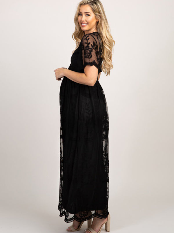 Blue Zone Planet |  Maternity clothes-Woven short-sleeved V-neck lace long dress BLUE ZONE PLANET