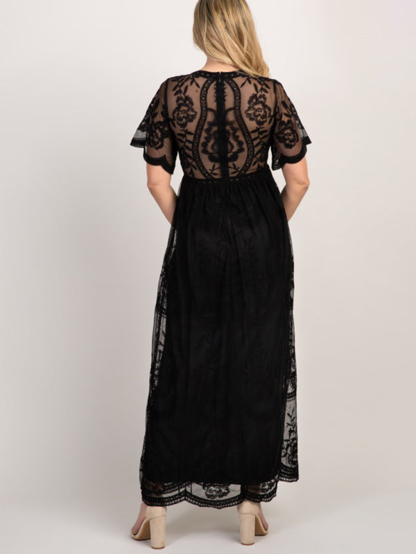 Blue Zone Planet |  Maternity clothes-Woven short-sleeved V-neck lace long dress BLUE ZONE PLANET