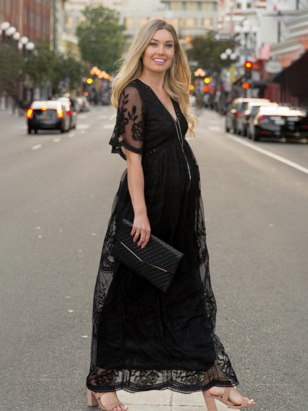 Blue Zone Planet |  Maternity clothes-Woven short-sleeved V-neck lace long dress BLUE ZONE PLANET