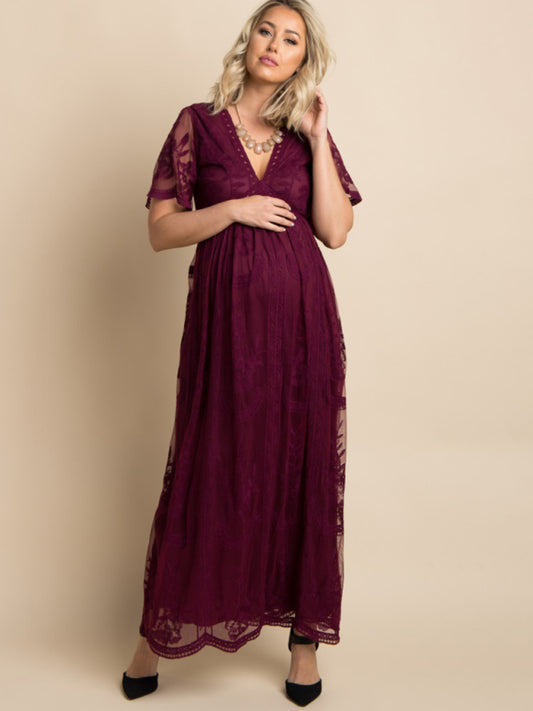 Blue Zone Planet |  Maternity clothes-Woven short-sleeved V-neck lace long dress BLUE ZONE PLANET