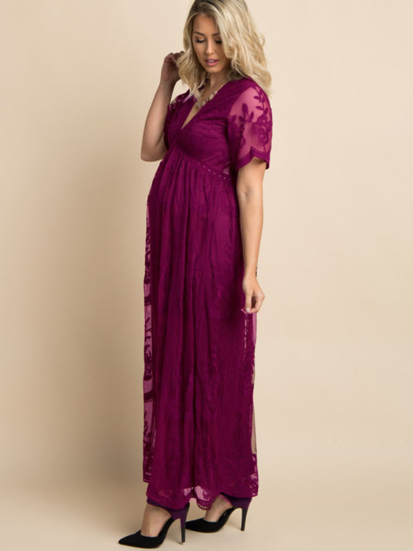 Blue Zone Planet |  Maternity clothes-Woven short-sleeved V-neck lace long dress BLUE ZONE PLANET