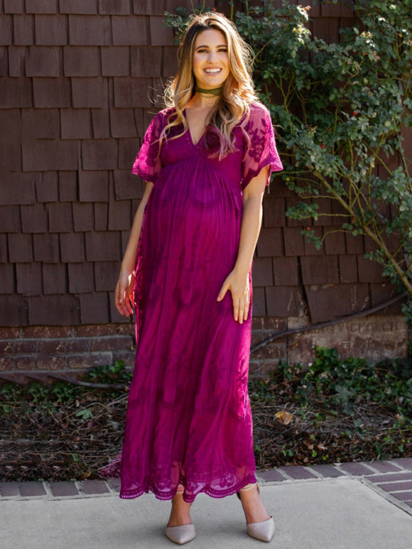 Blue Zone Planet |  Maternity clothes-Woven short-sleeved V-neck lace long dress BLUE ZONE PLANET