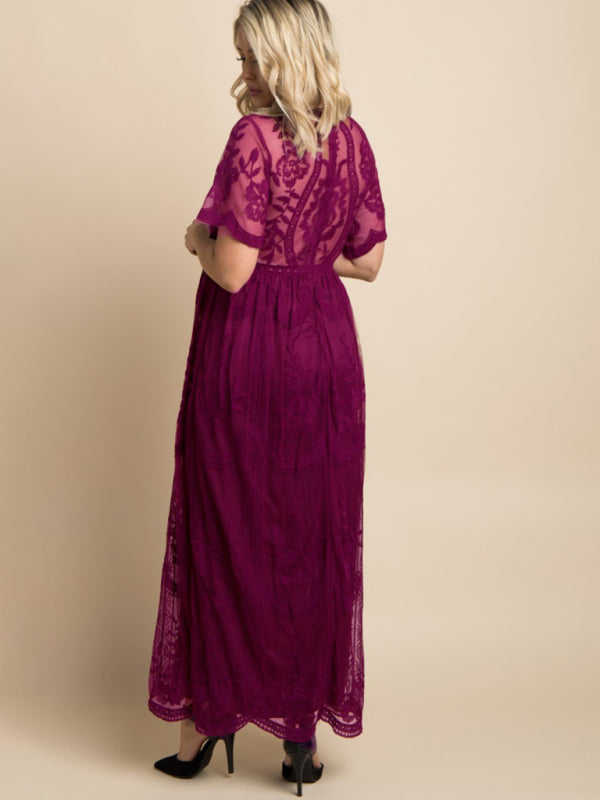 Blue Zone Planet |  Maternity clothes-Woven short-sleeved V-neck lace long dress BLUE ZONE PLANET