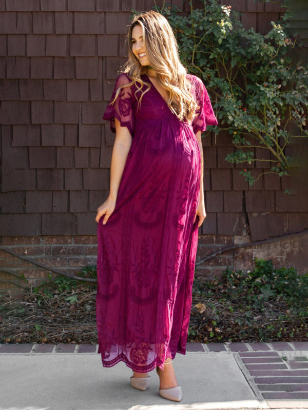 Blue Zone Planet |  Maternity clothes-Woven short-sleeved V-neck lace long dress BLUE ZONE PLANET