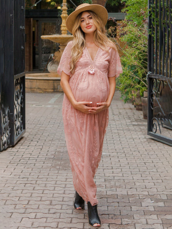 Blue Zone Planet |  Maternity clothes-Woven short-sleeved V-neck lace long dress BLUE ZONE PLANET