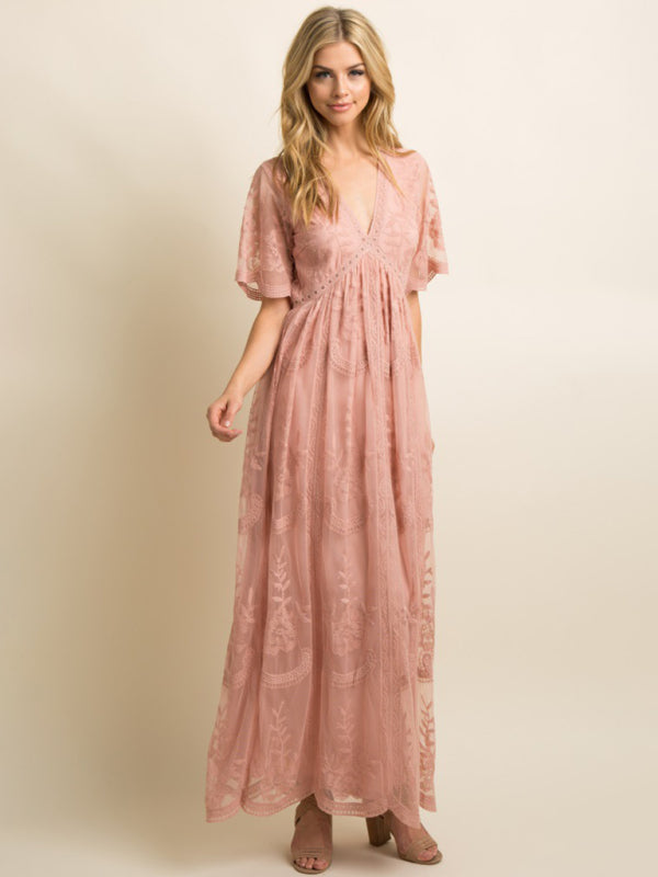 Blue Zone Planet |  Maternity clothes-Woven short-sleeved V-neck lace long dress BLUE ZONE PLANET