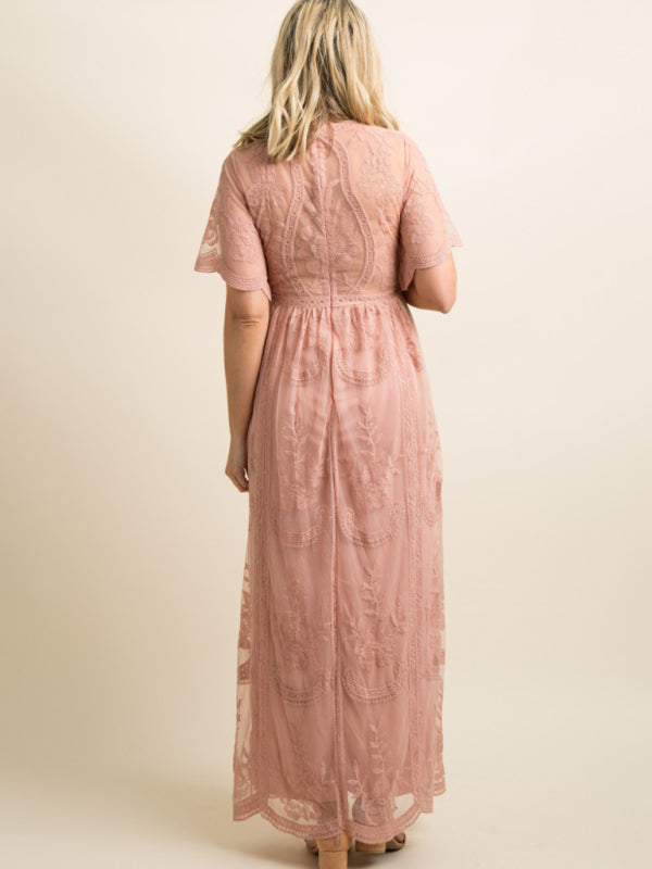 Blue Zone Planet |  Maternity clothes-Woven short-sleeved V-neck lace long dress BLUE ZONE PLANET