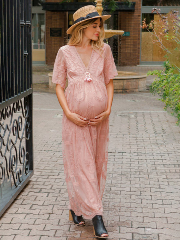 Blue Zone Planet |  Maternity clothes-Woven short-sleeved V-neck lace long dress BLUE ZONE PLANET