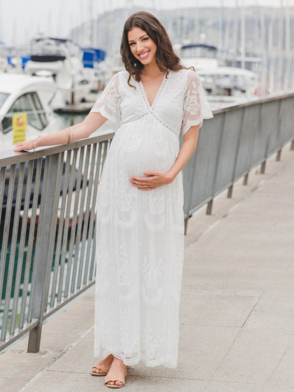 Blue Zone Planet |  Maternity clothes-Woven short-sleeved V-neck lace long dress BLUE ZONE PLANET
